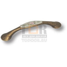 9841-831 Ручка скоба керамика с цветочным орнаментом, старая бронза 128мм