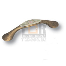9842-831 Ручка скоба керамика с цветочным орнаментом, старая бронза 96 мм